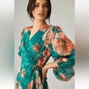 NEW Anthropologie Hutch V-Neck Floral Textured Puff Wrap Maxi Dress M